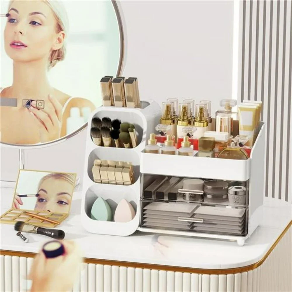 Makeup Organizer with Drawers Vanity Cosmetic Storage Box Brush Holder Skincare
